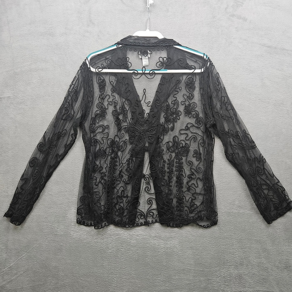 Chicos Black Sheer Mesh  Whimsygoth Embroidered Open Front Jacket Size XL Witchy